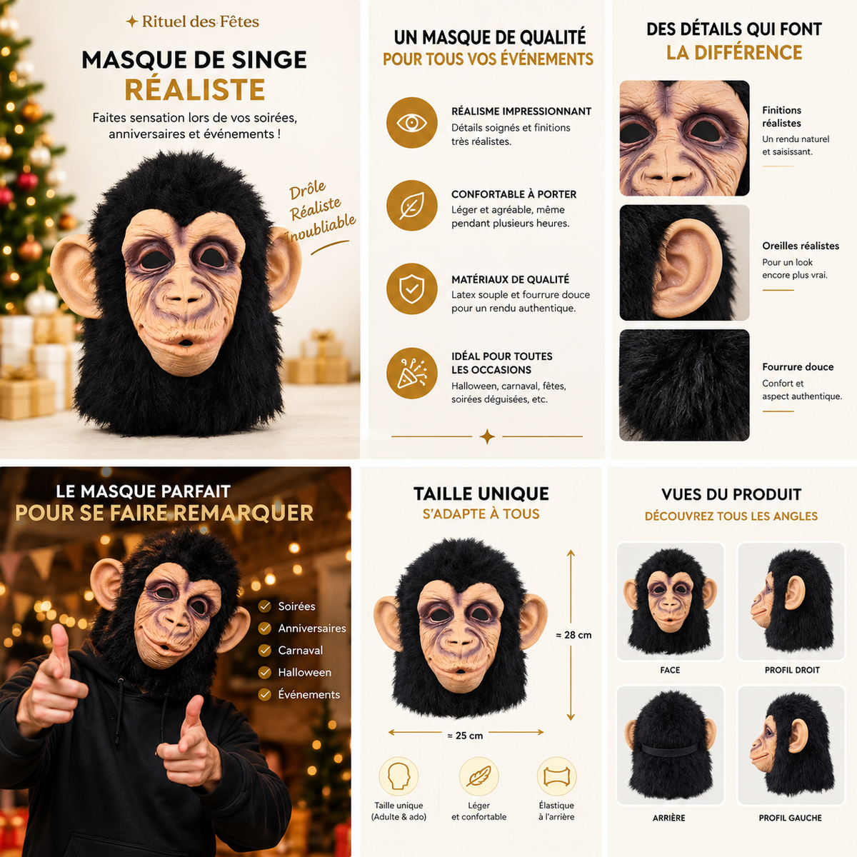 Masque de singe en latex, gueule ouverte et poils gris, porte de face