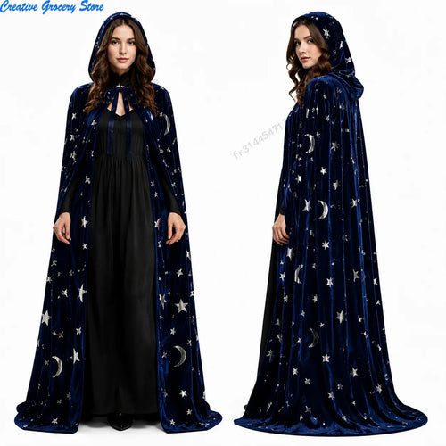 Cape vintage en velours à capuche avec motif étoile et lune