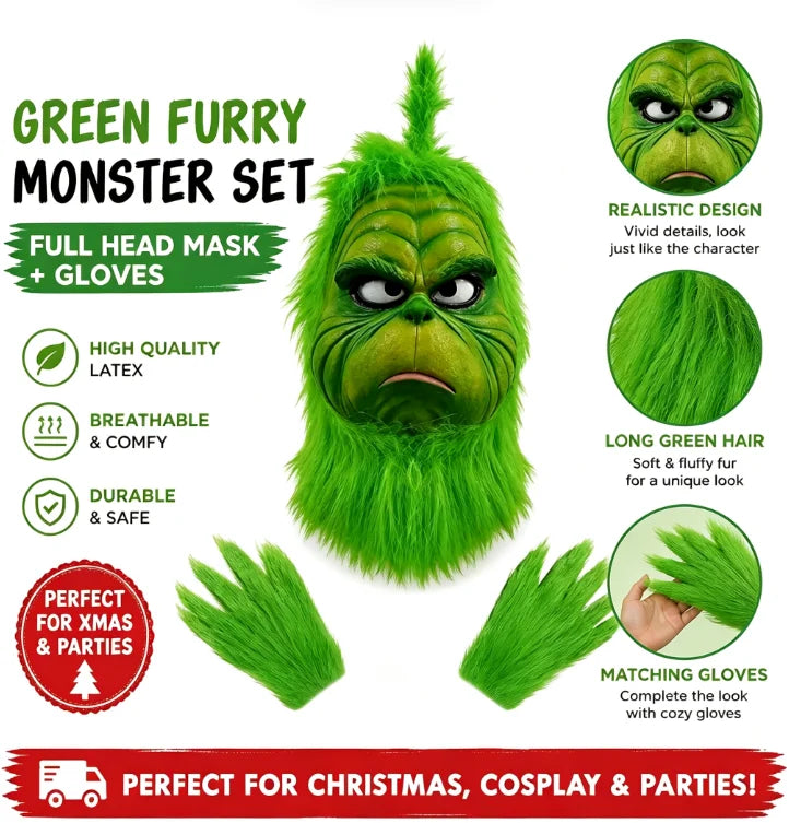 Masque de monstre vert en fourrure avec gants